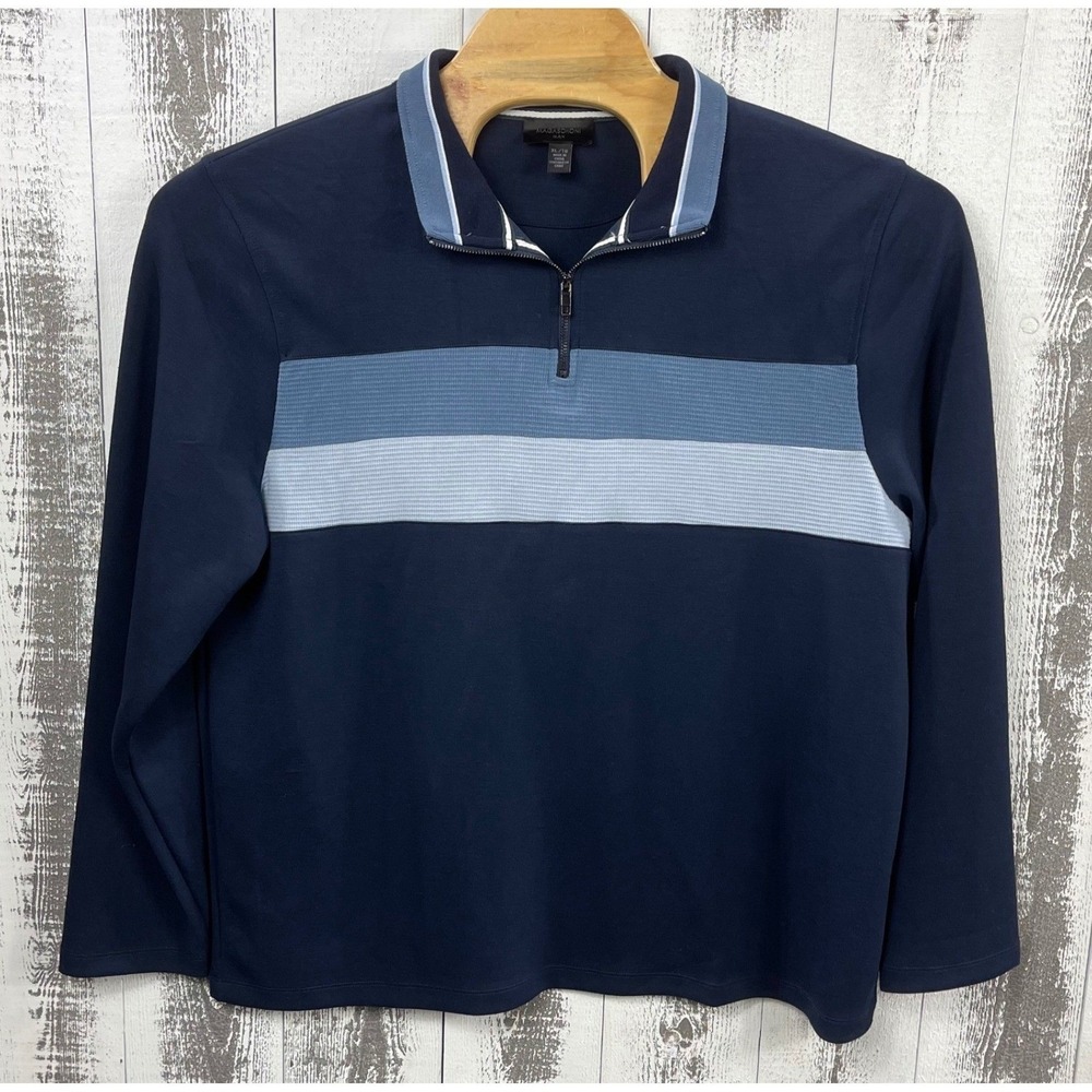 Magaschoni Man Pullover XL Preppy Casual Navy Blue Striped Quarter Zip Sweater